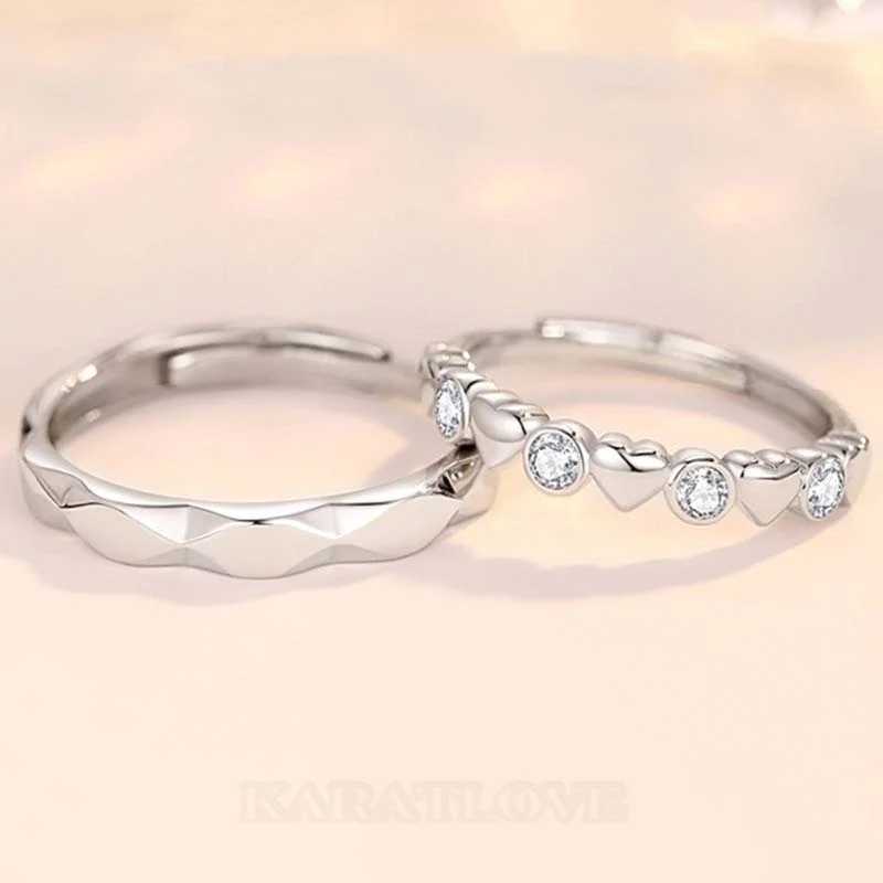 Round Diamond White Sterling Silver Heart Couple Rings