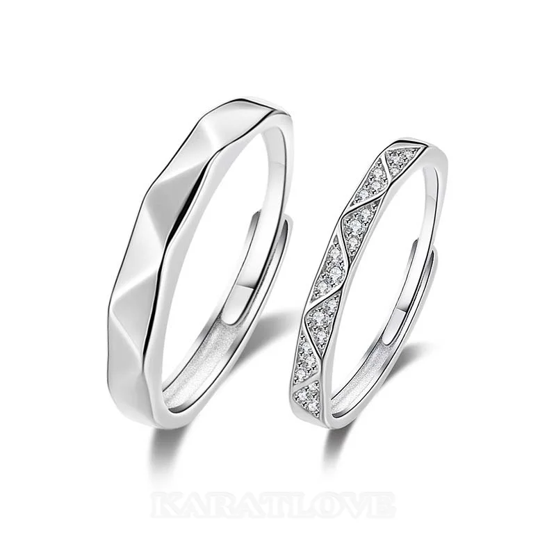 Round Diamond White Sterling Silver Couple Rings