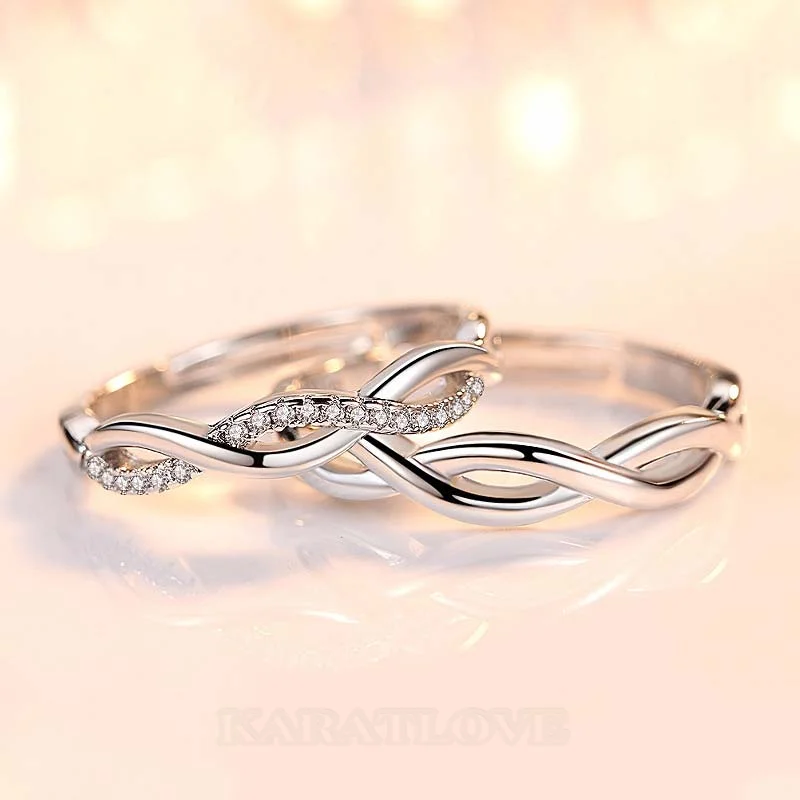 Round Diamond White Sterling Silver Infinity Couple Rings