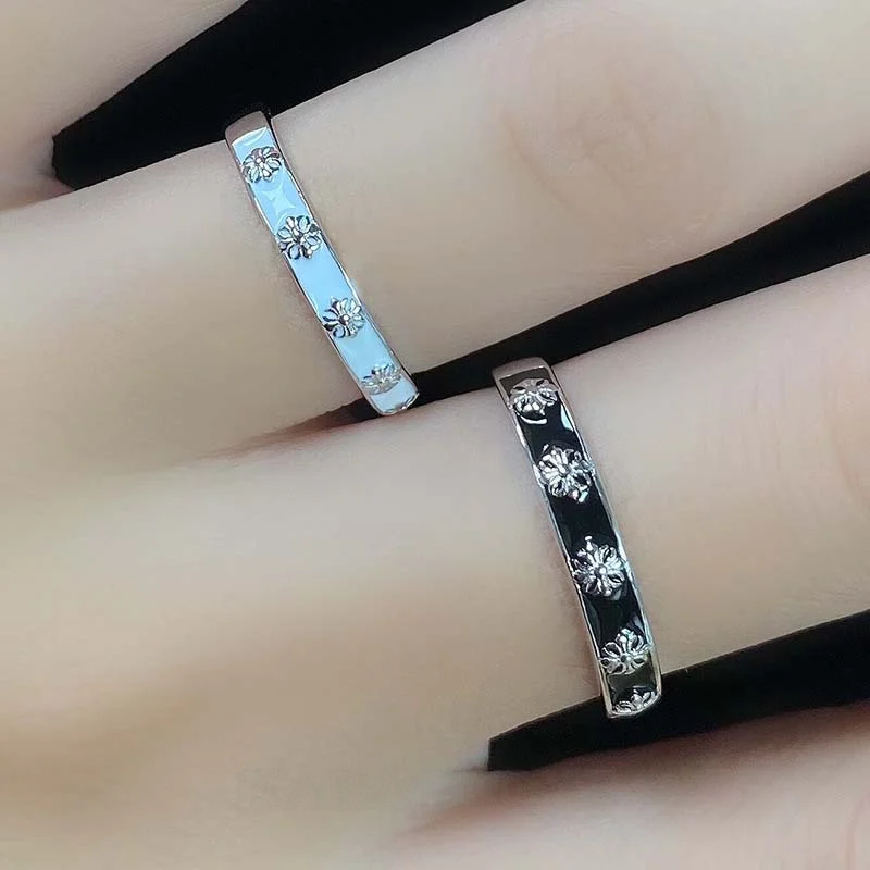 Black and White Iris Sterling Silver Couple Rings