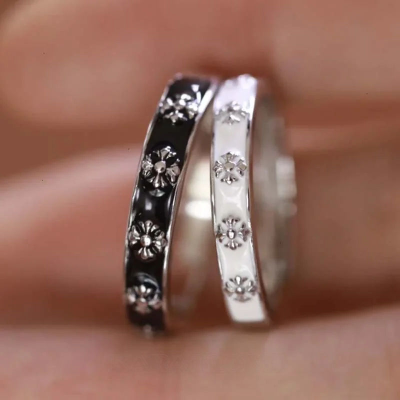 Black and White Iris Sterling Silver Couple Rings