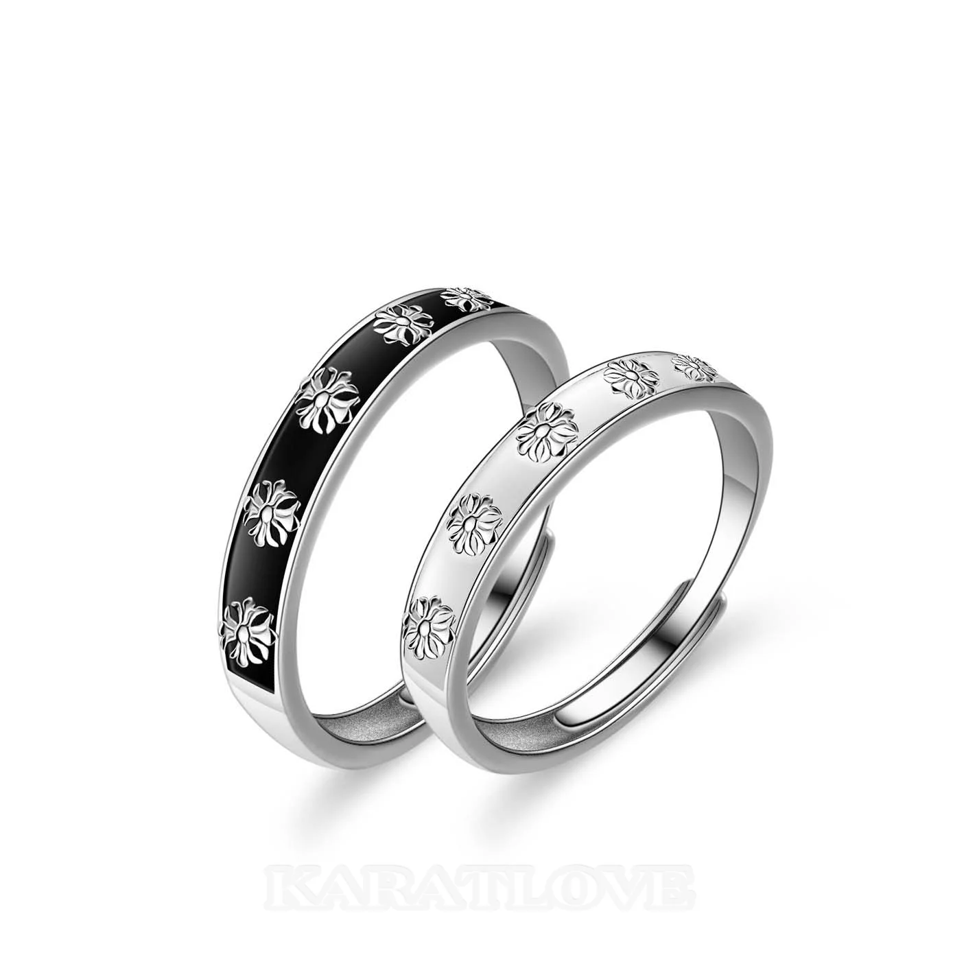 Black and White Iris Sterling Silver Couple Rings