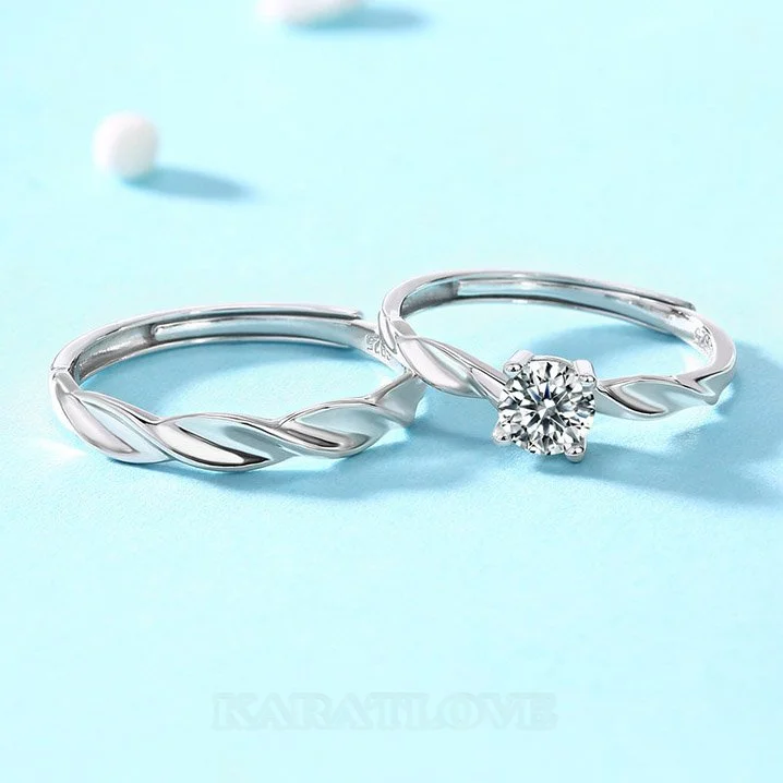 Round Cut Moissanite Diamond White 925 Sterling Silver Adjustable Size Couple Rings