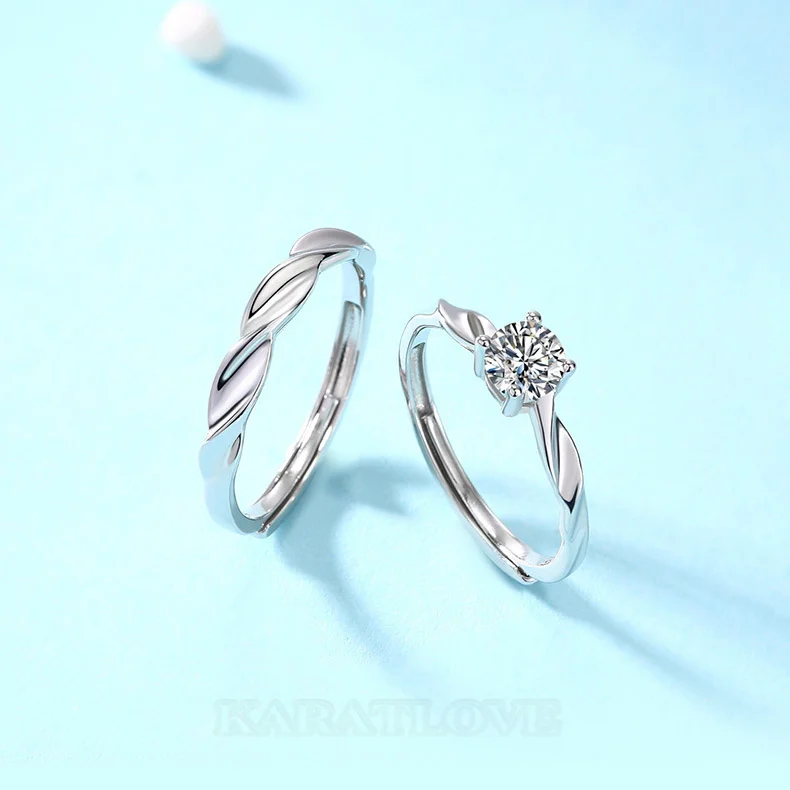 Round Cut Moissanite Diamond White 925 Sterling Silver Adjustable Size Couple Rings