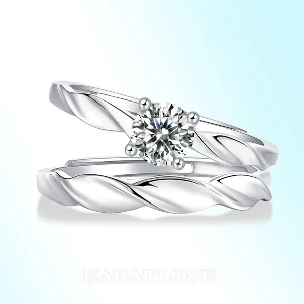 Round Cut Moissanite Diamond White 925 Sterling Silver Adjustable Size Couple Rings