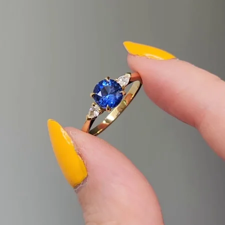 Round Cut Sapphire Blue 925 Sterling Silver Yellow Gold 3-Stone Engagement Ring