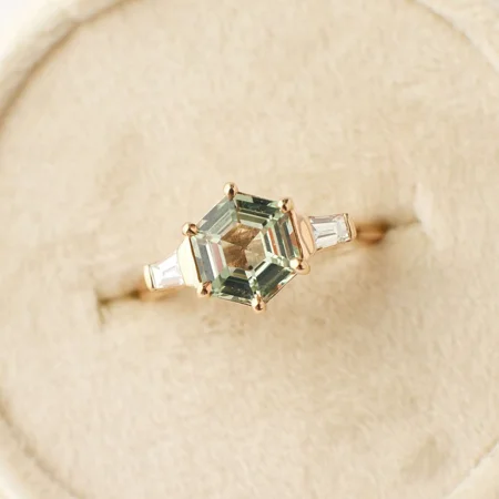 Hexagon Cut Peridot Green 925 Sterling Silver Yellow Gold 3-Stone Engagement Ring