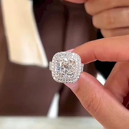 Cushion Cut Diamond White Sterling Silver Double Halo Engagement Ring