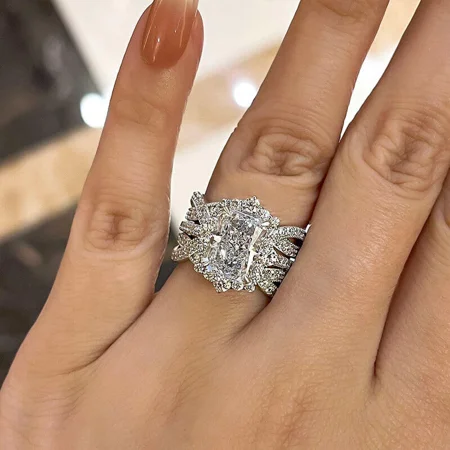Radiant Cut Diamond White Sterling Silver Insert Halo Ring Set