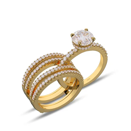 Round Cut Diamond White Insert Sterling Silver Yellow Gold Hidden Halo Jacket Bridal Sets