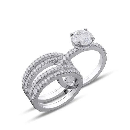 Round Cut Diamond White Insert Sterling Silver Hidden Halo Jacket Bridal Sets