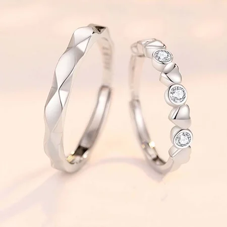 Round Diamond White Sterling Silver Heart Couple Rings