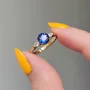 Round Cut Sapphire Blue 925 Sterling Silver Yellow Gold 3-Stone Engagement Ring